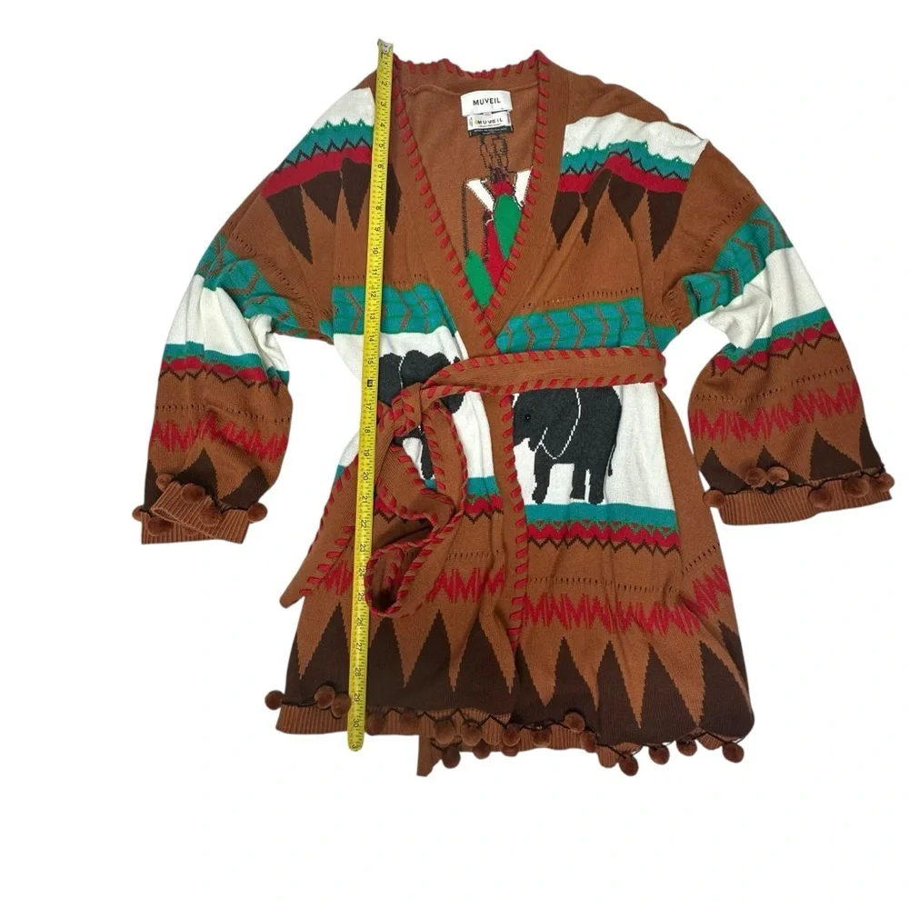 NWOT MUVEIL Western Brown multi Belted Cardigan 38 - Picture 13 of 15